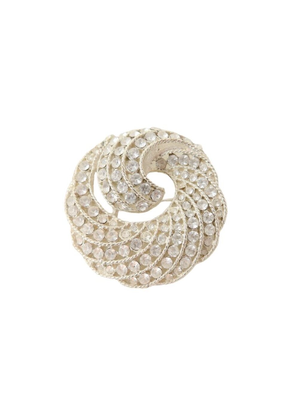 Vintage Silver Tone White Muted Luster White Rhinestone Swirl Brooch Pin 1.75"
